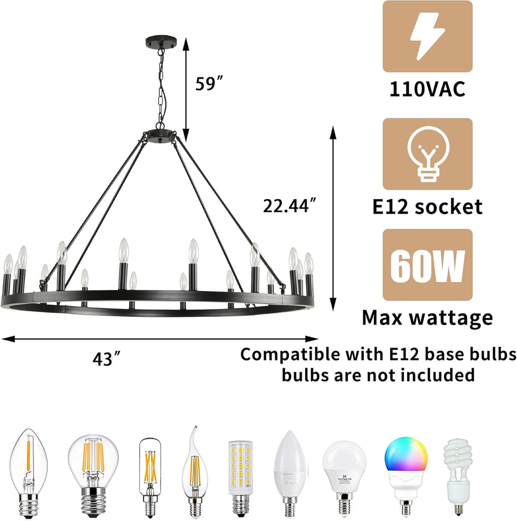 16-Light Modern Farmhouse Light Wagon Wheel Chandelier 43 Inch. - Black