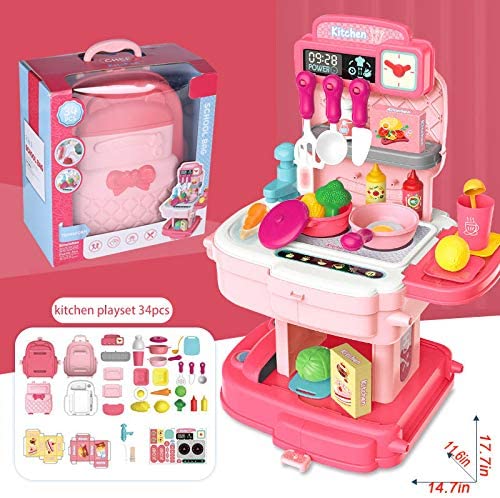 玩具厨房配件玩具,34 件背包假装玩具,带可拆卸模拟道具和水龙头 2 合 1 背包玩具,易于存放,有趣的幼儿烹饪玩具