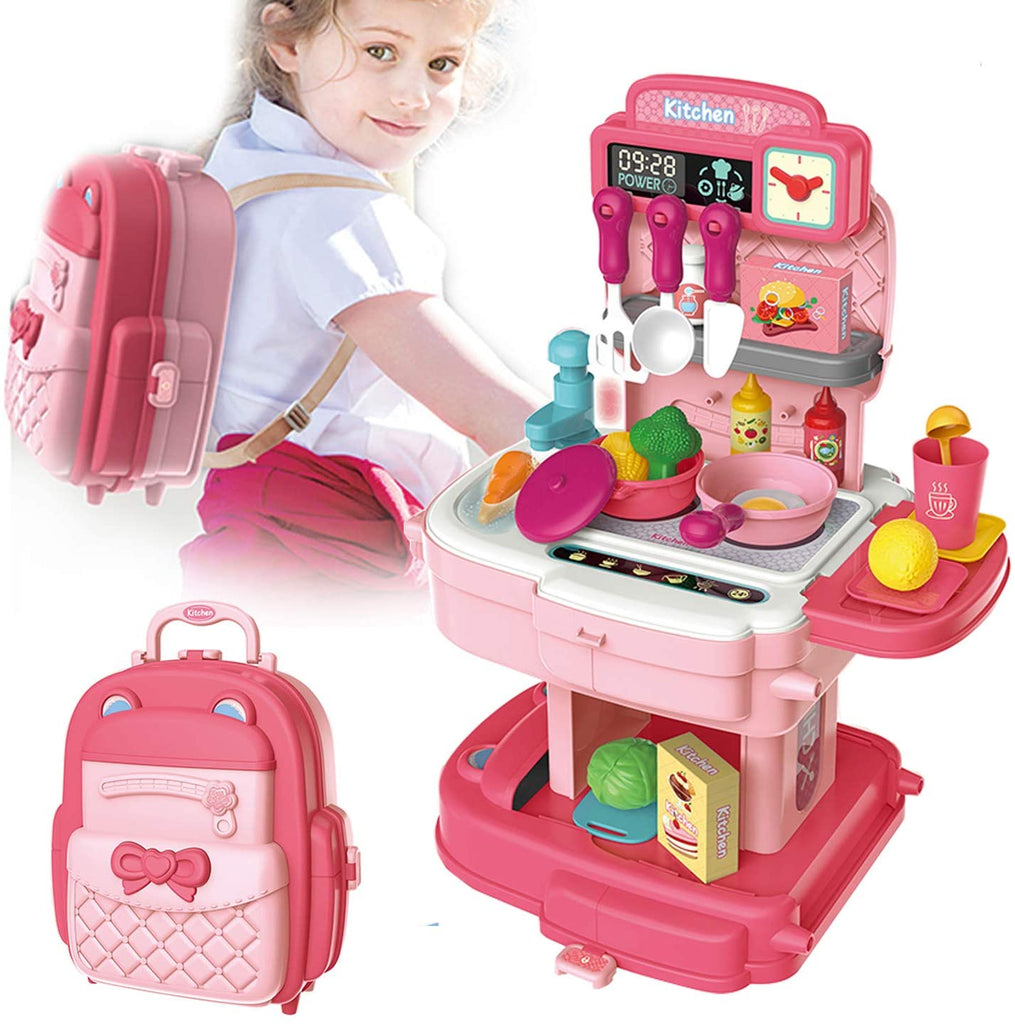 玩具厨房配件玩具,34 件背包假装玩具,带可拆卸模拟道具和水龙头 2 合 1 背包玩具,易于存放,有趣的幼儿烹饪玩具